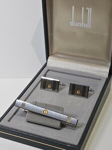 10-108-60　dunhill ダンヒル　ｄマーク　カフス＆ネクタイピンセット★シルバー×ゴールドライン　元箱　