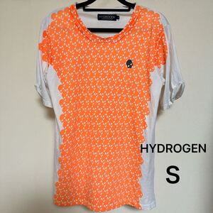 定価約5万HYDROGEN ダメージ加工 スカル 総ロゴ 蛍光 ネオン オレンジ コットン クルーネック Uネック Tシャツ Ｓ 