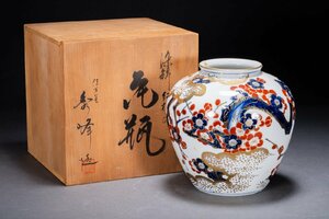 【善古堂】某有名オークション買入 時代物 古伊万里 染錦 秀峰造 紅梅文花瓶 共箱 骨董品 古美術0710-54S01　