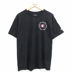 XL/古着 チャンピオン champion 半袖 ブランド Tシャツ メンズ ワンポイントロゴ コットン クルーネック 黒 ブラック 23aug2