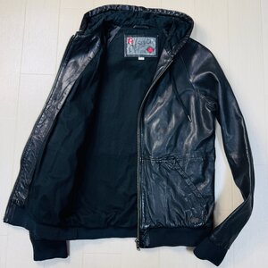 美品/M-L相当★ディーゼル/DIESEL ロゴプレート 羊革 ラムレザー パーカー フーデットジャケット ジップブルゾン 艶光沢 メンズ 黒