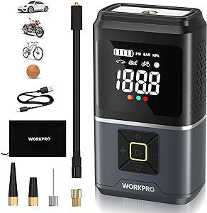 【新品】WORKPRO コードレス電動空気入れ USB充電式 最大圧力150PSI タイヤ圧力検知自動停止 空気圧指定可能 LED懐中ライト付き　送料無料 