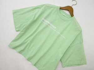 美品 ジーユー GU ドロップショルダー 七分袖 クルーネック Tシャツ L ライトグリーン地 ホワイト 英字プリント柄