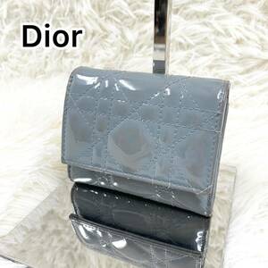 【美品】Dior ディオール ロータスウォレット カナージュ パテント カーフスキン エナメル 三つ折り財布 ライトブルー