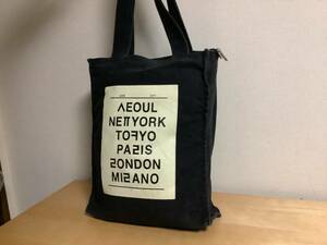 AEOUL 縦長　ショルダー　トートバッグ　キャンバス地　ブラック　SEOUL New York Tokyo Paris London Mirano 32x40cm