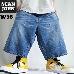 00s SEAN JOHN ショーンジョン バギーショーツ デニム ハーフパンツ 色落ち フェード ヒゲ 刺繍ロゴ メンズ W36 B系 ストリート /3629