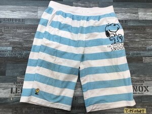 PEANUTS ピーナッツ レディース スヌーピー・ウッドストック ボーダーハーフパンツ 大きいサイズ LL 水色白