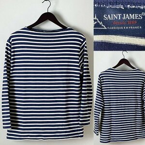 【国内正規品 美品 フランス製】SAINT JAMES セントジェームス やや厚手のウエッソン ボーダー バスクシャツ サイズ4 男女兼用 M ネイビー