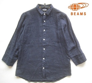 美品!!ビームス BEAMS*麻100% 7分袖リネンシャツ 紺 S ネイビー