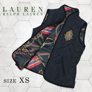 ◆美品 ラルフローレン【LAUREN RALPH LAUREN】エンブレムワッペン付き 馬具 チェーン柄 リバーシブル キルティングベスト 黒 XS◆