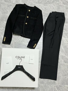 63万 BLACKPINK LISA 箱付 CELINE 2024SS セリーヌ エディ シャスール ツイード ノーカラージャケット 金 マーガレット パンツ セット 34