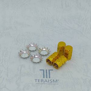 TERAISM TA-01ゴールド／TW-01究極の燃費向上グッズ！トルクアップ！静電気除去！タイヤ・エアバルブ・キャップと羽根付きワッシャーセット