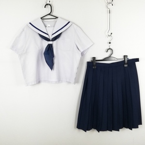 1円 セーラー服 スカート スカーフ 上下3点セット 大きいサイズ 特大 夏物 青1本線 女子 学生服 中学 高校 白 制服 中古 ランクC EY9943