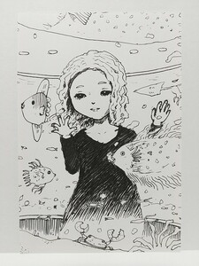 オリジナルイラスト 手描きイラスト 水族館 ハンドメイド インテリア 絵 モノクロ 原画 アナログ アート 自作 女の子 魚 illustration art