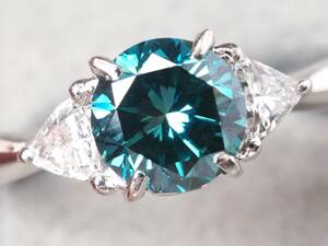 【4294A】Pt900 良質 天然ブルーダイヤモンド天然クリアダイヤモンド 大粒 1.01ctct/0.21ct/3.9g リング 指輪 ♯13