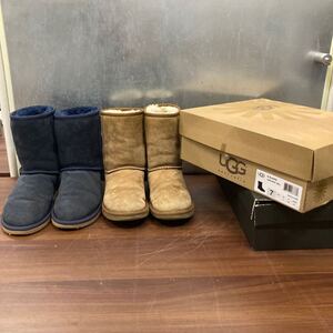 UGG アグ ムートン ブーツ カラー ネイビー ベージュ 系 レディース シューズ サイズ 7 24 箱付あり まとめ 