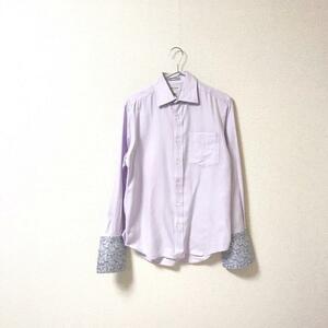 ★Paul Smith ポールスミス★メンズ 袖 花柄 カフス 長袖 シャツ ワイシャツ ストライプ ラベンダー size M 管:A:11