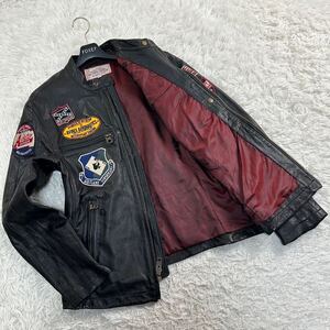 【極美品/希少モデル/XL】AVIREX アヴィレックス シングルライダース レザージャケット 山羊革 ゴートスキン ワッペン 裏地ワインレッド LL