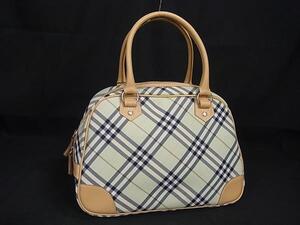 1円 ■極美品■ BURBERRY バーバリーブルーレーベル ナイロンキャンバス×レザー チェック柄 ハンドバッグ ライトグリーン系 FF9199