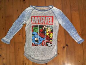 ●USA古着☆難有・良ムード☆マーベル☆MARVEL☆色落加工 プリント 超薄手 ラグランTシャツ　XS グレー　青