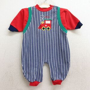 【30%OFF】古着 長袖 ロンパース キッズ ボーイズ 子供服 80s 機関車 紺他 ネイビー ストライプ 24sep07 3OF