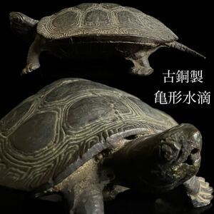 ◇鸛◇ 古美術品 時代金工 古銅製 亀形水滴 10cm 197g 細密彫刻 文房四宝 書道具 唐物骨董