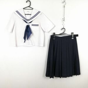 1円 セーラー服 スカート スカーフ 上下3点セット 大きいサイズ 夏物 青3本線 女子 学生服 中学 高校 白 制服 中古 ランクC NA1480