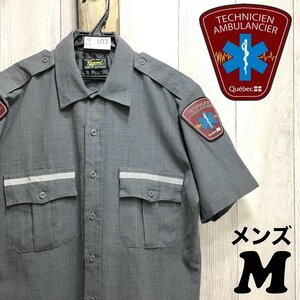 ME2-103★USA買付品★国内入手困難★カナダ製【TECHNICIEN AMBULANCIER Quebec】半袖 ポリウール ワークシャツ【メンズ M】グレー 古着