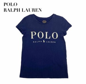 中古 ポロラルフローレン POLO RALPHLAUREN 半袖 Tシャツ 刺繍 ワッペン ネイビー×ライトベージュ レディース XSサイズ