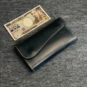 ブライドルレザー メンズ 財布 長財布 本革 ヌメ革 未使用 折り財布 ハンドメイド 革財布 牛革 送料無料 ブラック ロングウォレット