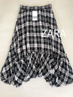 新品　ZARA ザラ　リネン  チェック　スカート  Lサイズ