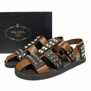 ☆未使用 PRADA プラダ 18ss シルバースタッズ レザー ストラップ サンダル 黒×ブラウン size 7 イタリア製 グルカサンダル