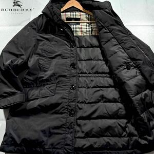 美品/XLサイズ相当●バーバリー ロンドン ダウンコート ジャケット アウター BURBERRY LONDON ドッキング風 ダウン90% ノバチェック 黒系