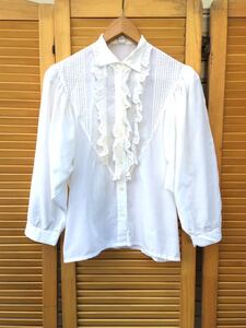 イギリスヨーロッパvintage ボリュームスリーブフロントフリルプリーツブラウスfrill pleats blouse shirt パフスリーブ長袖シャツLV489