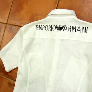 黒タグ 美品◇EMPORIO ARMANI リネン(麻)100％ ショートスリーブ シャツ 半袖シャツ オフホワイト ロゴ Misura アルマーニ 1円スタート