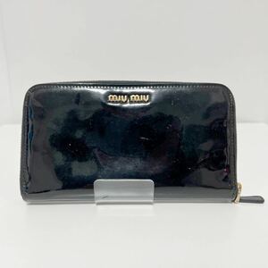 miu miu ミュウミュウ エナメル ラウンドファスナー 長財布 リボン ブラック中古