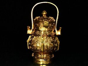 「戦國時期 青銅器彫 塗金青銅提梁釉」青銅器 置物擺件 賞物 中国古美術 旧蔵出
