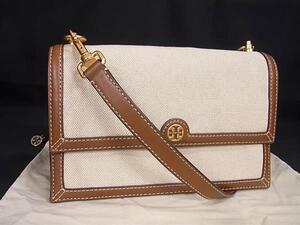 1円 ■新品■未使用■ TORY BURCH トリーバーチ キャンバス×レザー クロスボディ ショルダーバッグ 斜め掛け ベージュ系 FJ3253