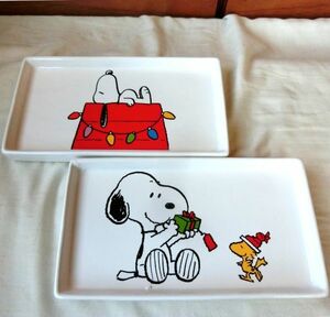 ☆★送料無料!!新品陶器製角皿２種セット！スヌーピー クリスマストレイ ピーナッツ SNOOPY★☆