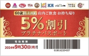 すかいらーくグループ プラチナパスポート 60歳以上 5％引券→期限　2025.3.31／送85