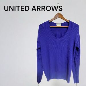 1円～ UNITED ARROWS ユナイテッドアローズ リブコンビVネックニット 毛 セーター プルオーバー ブルー レデース 長袖 Vネック カットソー