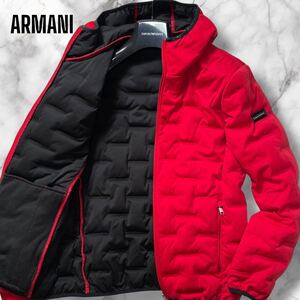 美品/M-L相当 アルマーニエクスチェンジ キルティング ダウンジャケット エンボス 凹凸 フェザー ロゴプレート ARMANI EXCHANGE メンズ 赤