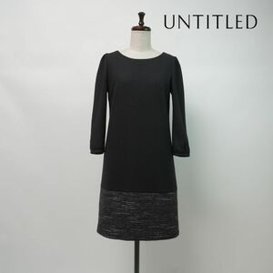 UNTITLED アンタイトル ウール100% 裾デザインIラインワンピース ５分袖 膝丈 裏地あり レディース 黒 ブラック グレー系 サイズ2*LC689