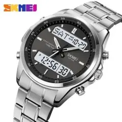 新品 SKMEI デュアルウォッチ メンズ腕時計 ブラック＆シルバーステンレスS