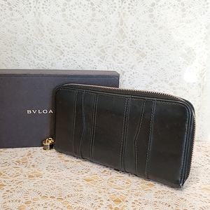 410 BVLGARI ブルガリ 長財布 ラウンドファスナー レザー 本革 ブラック系 黒系 ウォレット 財布 箱付き ゴールド金具 カード入れ 収納 