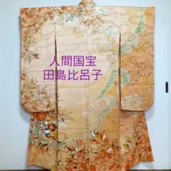 人間国宝【田島比呂子】振袖 堰出し友禅 袷仕立て着物 刺繍 たたき染め 橙色