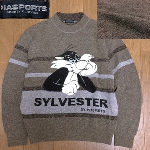 PIA SPORTS ピアスポーツ ライカ社 日本製 ルーニーテューンズ SYLVESTER シルベスター 刺繍 モールニット セーター メンズ Ⅳ L位 茶系