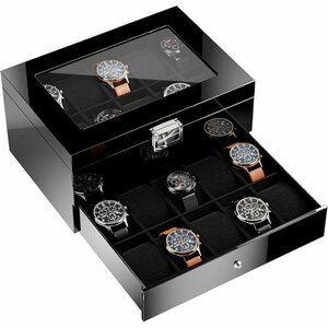 新品 ProCase プレゼント-ブラック ディスプレイケース ガラス蓋 クス 木製 2段式 20本用 腕時計ケース 277
