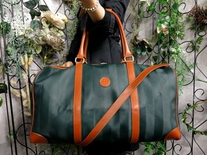 超美品●FENDI フェンディ●ペカン●FFロゴ●ストライプ柄●PVC カーフ レザー 本革●2way ボストン バッグ●グリーン 茶●大容量●Js52833