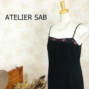 アトリエサブ ATELIER SAB ドレス ブラック サイズ11T L レッド マキシ丈 刺繍 シフォン キャミソール ワンピース バラ キャミワンピ B-514